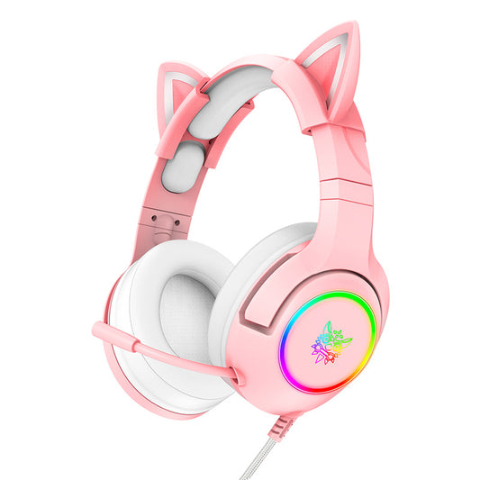 ONIKUMA K9 Gaming Headset Pink Cat Ear RGB Lights 3.5MM Stereo Headphones For PC only